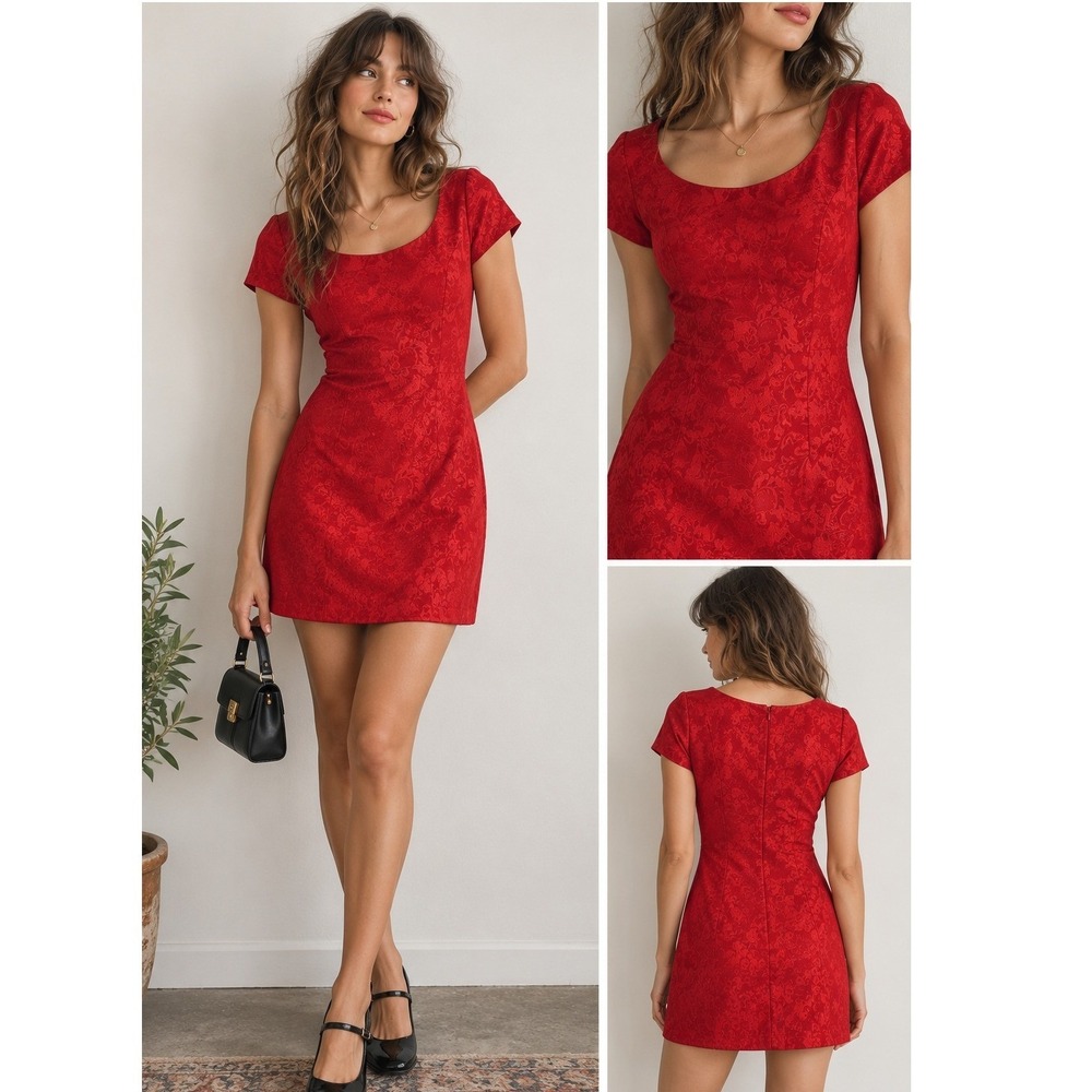 Vintage 90s Esprit Floral Brocade Red Mini Dress 3/4 Fitted Jacquard Femme Retro